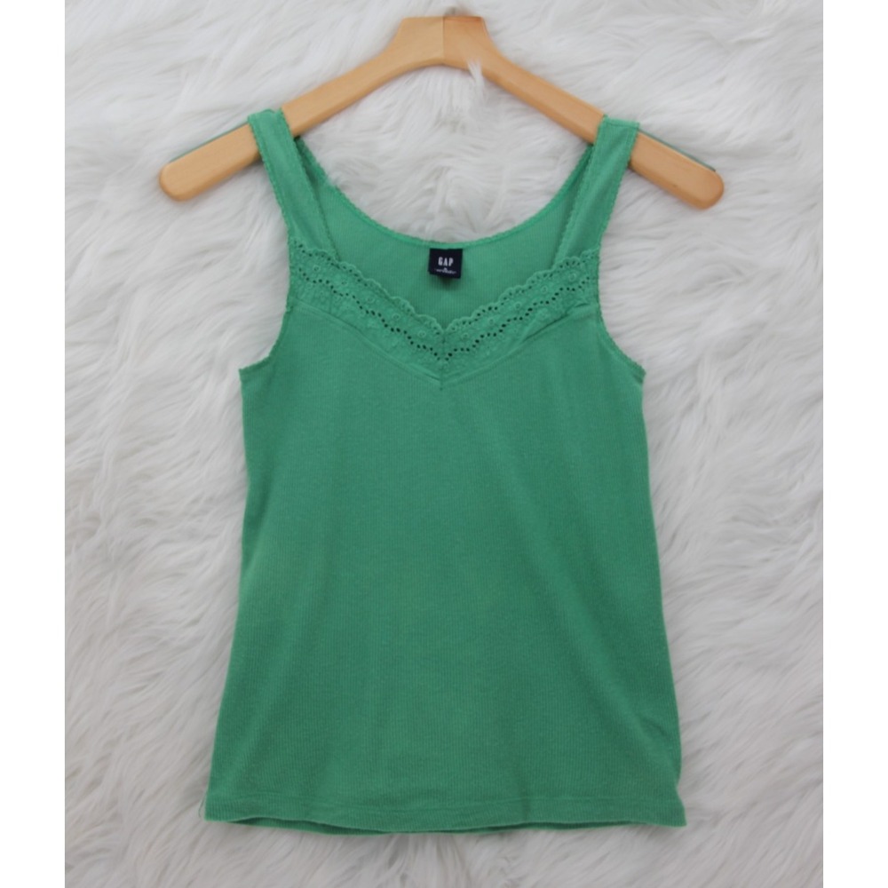 Y2K Gap Tank Top Womens S Soft Knit Lace Crochet Trim Camisole V-Neck Green #635